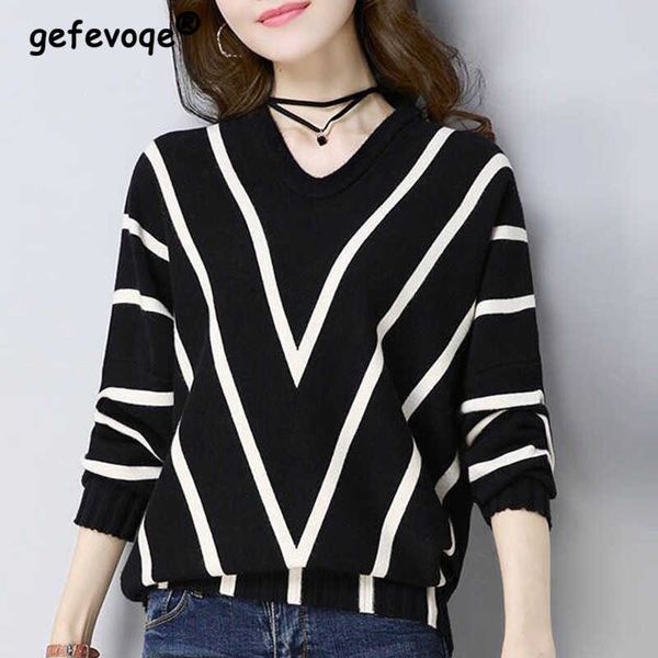 

women's knits tees autumn winter new striped knitted loose sweater women long sleeve v neck casual lady vintage chic aesthetic pullove, White