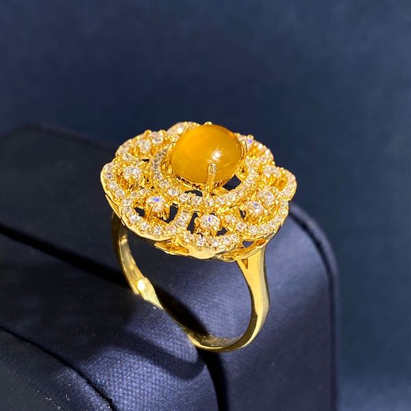 

new arrive ring female retro palace style hollow flower oval natural chalcedony main stone food ring opening, Silver