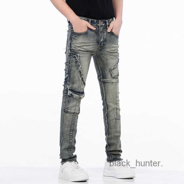 

men's jeans amirs designeri jeans washing water old blue cow hole patch patching skinny slim elastic legged jeans