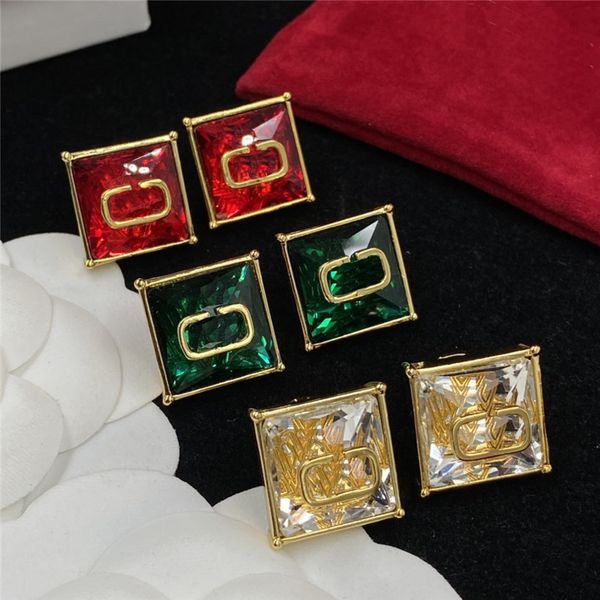 

delicate square diamond charm earrings rhinestone ruby emerald eardrops golden crystal dangler with box