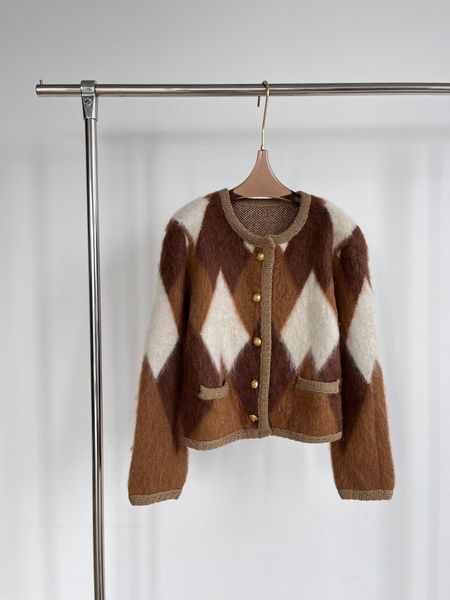 

women's sweaters 2022 european fashion brand autumn and winter new heavy mohair diamond color contrast round neck cardigan, White;black