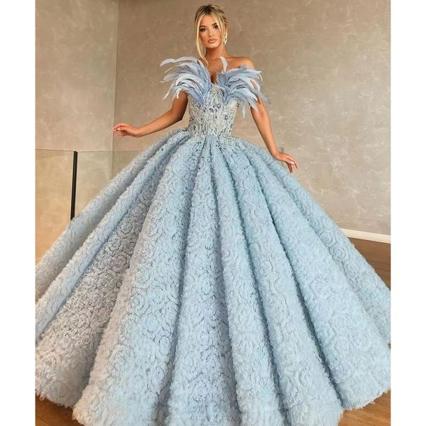 

luxury light blue prom dresses beads feathers ball gowns celebrity party formal evening dress for robes de soiree, Black