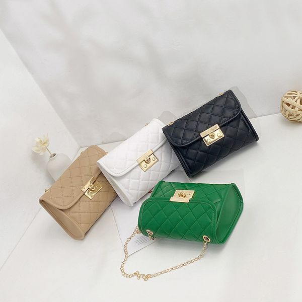

lady style children handbags girls diamond lattice quilted pu leather messenger bags kids metals buckle chain one-shoulder bag q9158, Black