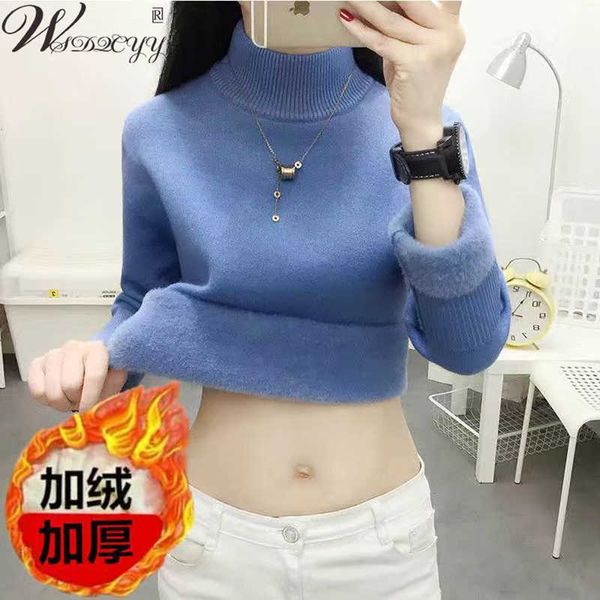 

women's knits tees women plus velvet sweater korean turtleneck long sleeve knitted pullover large size casual fleece lined winter knitw, White