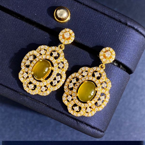 

new vintage earrings flash with crystal hanging hollow oval wreath natural chalcedony gemstone stud, Golden;silver