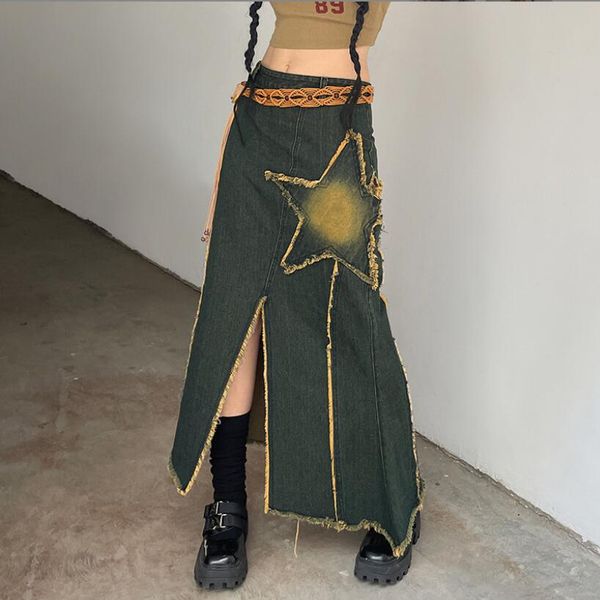 

y2k denim skirt women vintage five-pointed star paste cloth long skirt irregular split high waist grunge jeans skirts p630, Black
