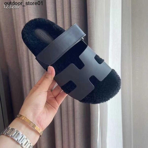 

designer slippers luxury brand h women couple shoe sandals wool slipper beach slides, Black