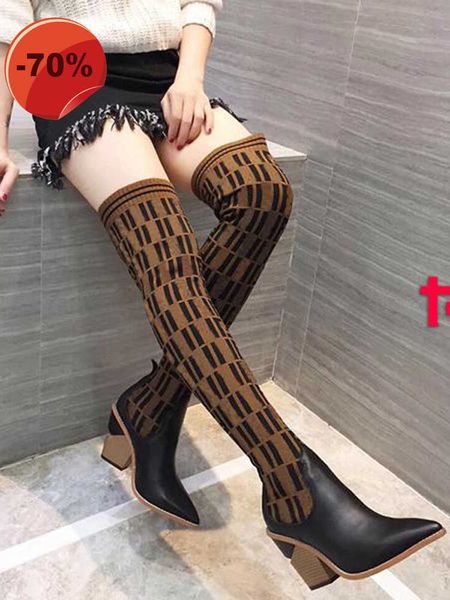 

2021 fashion chunky heel thigh-high boots socks knitted stretch leather knee boot design casual shoes luxury designer martin boots, Black;brown