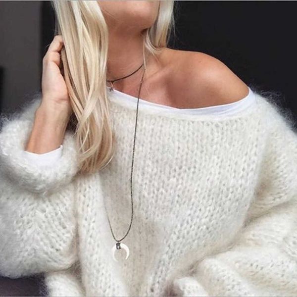

women's knits tees mohair sweater women autumn winter knitted fashion casual lantern long sleeve loose pullover sweater solid color ju, White