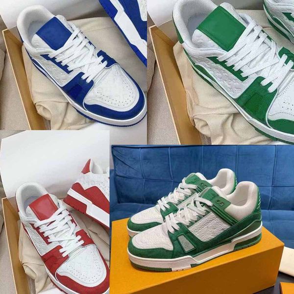 

luxury designer flats men casual shoes low trainers sneaker footwear monograms green denim sneakers black white grained calf leather outdoo