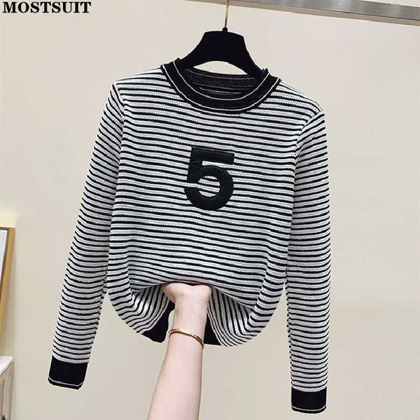 

women's knits tees letter striped knitted sweater 2022 autumn korean vintage elegant ladies pullover jumper long sleeve o-neck chic kni, White