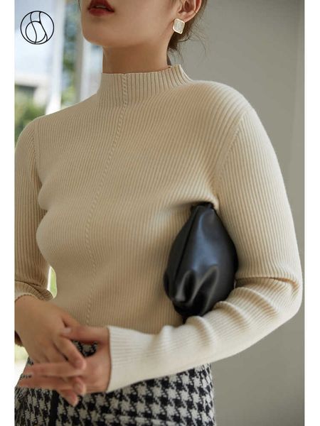 

women's knits tees dushu women long sleeves basic black knitted sweaters women half high collar slim white pullover female retro bottom