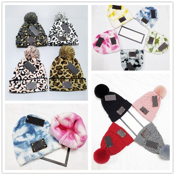 

leopard print knitted hat pompom hair ball hatss women's spring and winter warm wool hats outdoor249o, Blue;gray