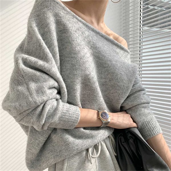 

women's knits tees alien kitty lazy style women jumpers knitted slash neck solid minimalist office lady streetwear chic 2022 loose swea, White