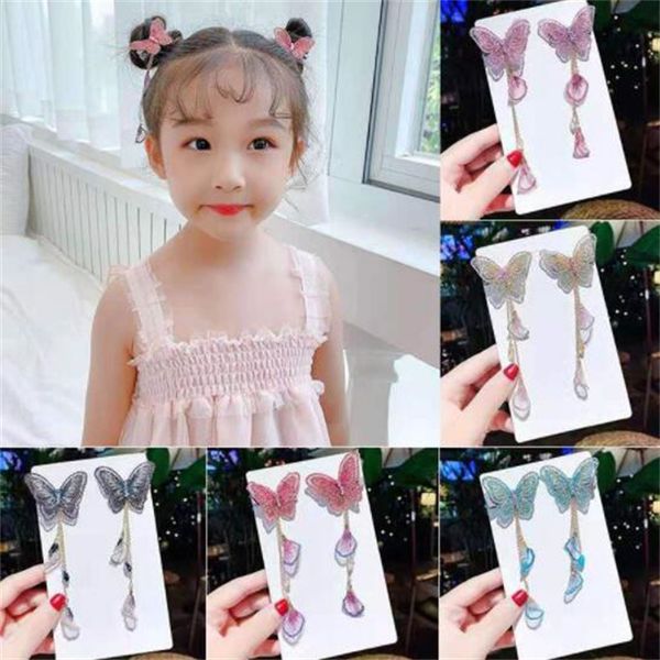 

girls butterfly hairpins long hair clips metal tassel elegant headwear children fashion hair accessories, Slivery;white