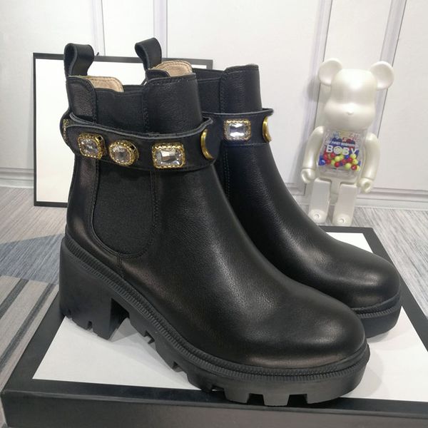 

fashion luxury designer women's classic ankle boots printing leather diamond metal button miss winter mid heel short boot large size 35, Black