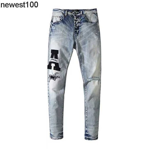 

men's jeans amirs designer new locomotive men's jeans trend casual hole elastic men's pants, Blue