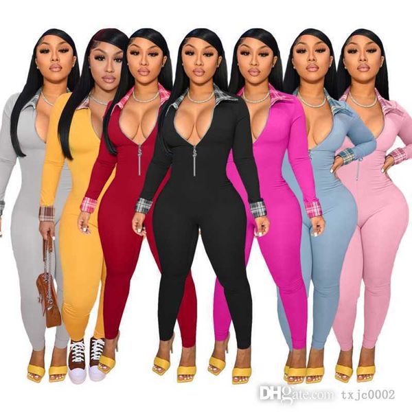 

2022 aututmn women jumpsuits rompers long sleeve v-neck zipper fashion skinny bodysuit plaid stitching capris pants, Black;white