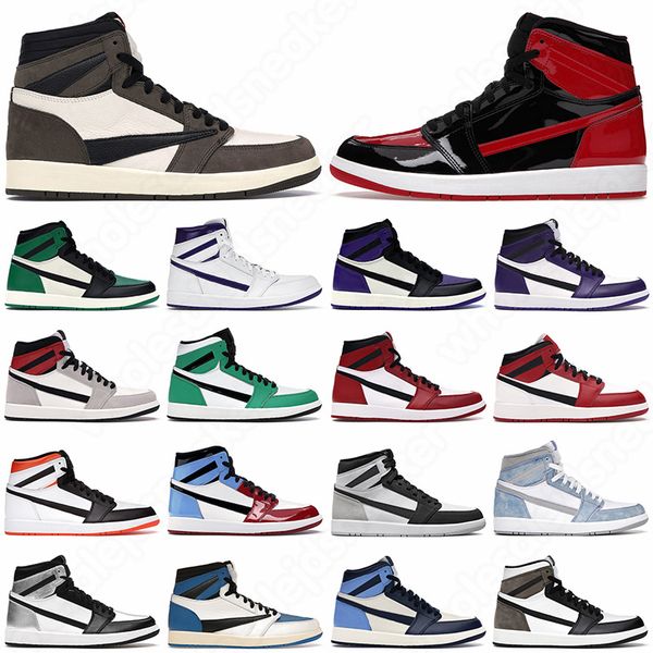 

1 1s basketball shoes men women trainers bred patent dark mocha pine green shadow tie dye twist silver toe gai mens womens outdoor sports, Black
