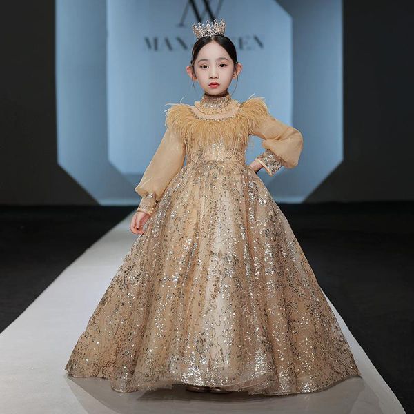 

gold lace flower girls dresses sheer neck long sleeves appliques tulle wedding baby pageant dresses party gowns for teens, White;blue