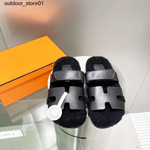 

designer slippers luxury brand h leather autumn winter slipper women flat sole real wool warm thick sole casual straight outwear sandals, Black