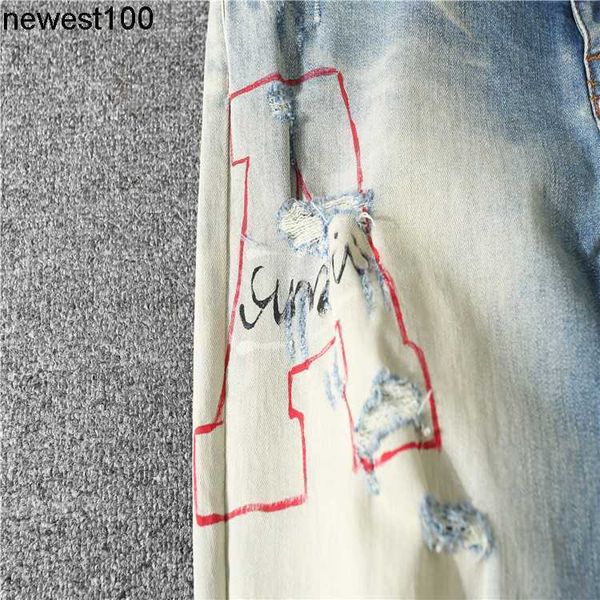 

men's jeans designer amirs worn hole decal cloth letter big damage slim fit small foot elastic jeans men's, Blue