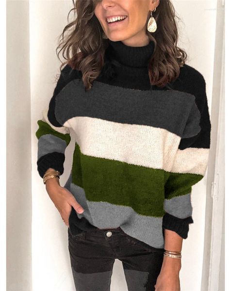 

women's sweaters 2022 autumn and winter turtleneck patchwork knitwear ol large size women's striped sweater women, White;black