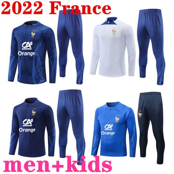

2022 2023 france tracksuit training suit soccer kits jersey benzema mbappe griezmann equipe de sets men kids kit chandal 22 23 maillot foot, Black;gray