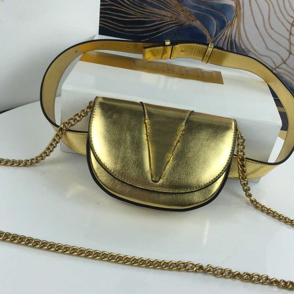 

women handbags waist bags chest bag genuine leather gold metal pattern chain purse plain hasp wide shoulder strap