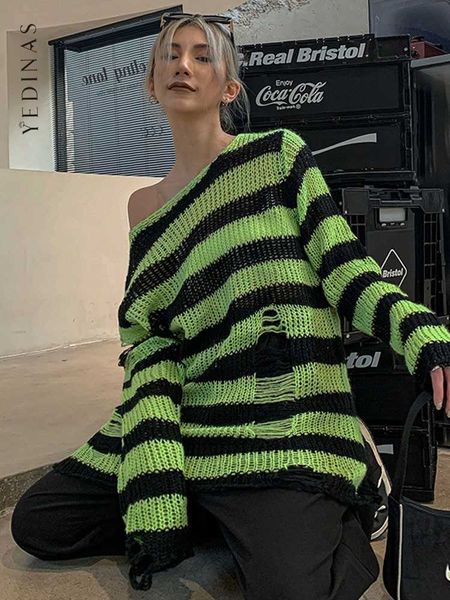 

women's knits tees yedinas streetwear green striped sweater women loose long sleeve hollow out knitted ladies jumper hole pullover kor, White