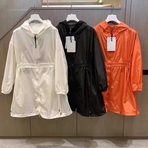 

designer woman hooded monclair jackets coats mid length adjustable waist sun protection trench coat embroidered badge thin women's, Tan;black