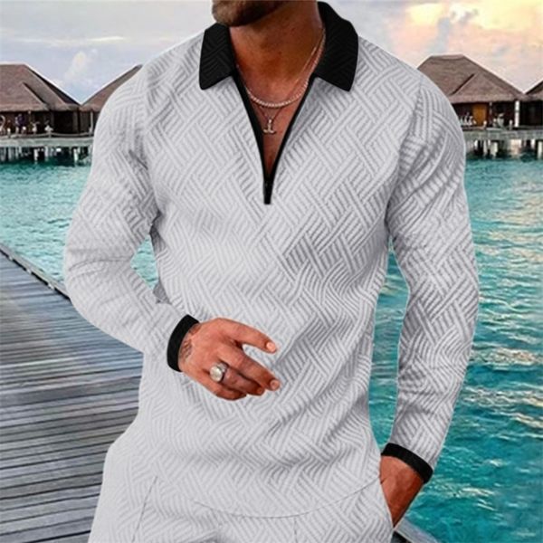 

men's polos autumn men polo shirts casual fashion long sleeve plaid foaming printing turn-down collar zippers tees mens u.s big size 22, White;black