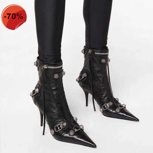 

high-heeled boots zip shoes naked boot factory footwear new black pointed metal buckle decoration 95mm motorcycle tassel leather luxury, Black;brown
