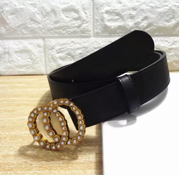 

2021 trends pearl belts luxury design women letter fashion alloy leather smooth double golden rhinestones buckle jeans ladies belt black, Black;brown