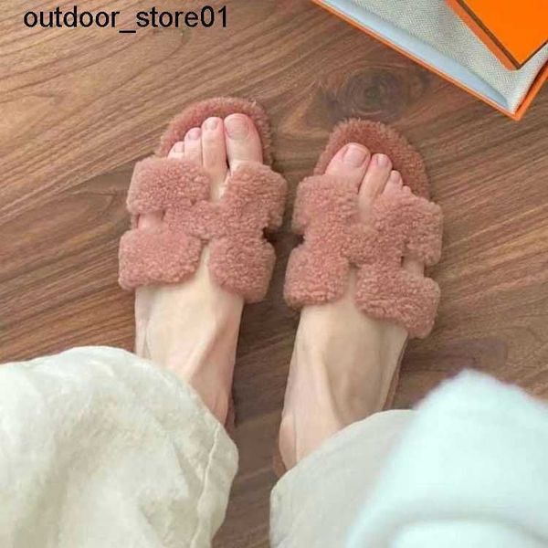 

designer slippers luxury brand h woolen shoes autumn winter new net red fur flat lamb women slipper, Black
