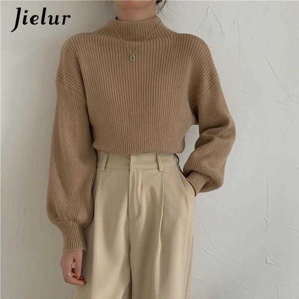 

women's knits tees jielur 2022 lantern sleeve sweater women turtleneck office lady pure color knitted pullover loose white khaki sweate