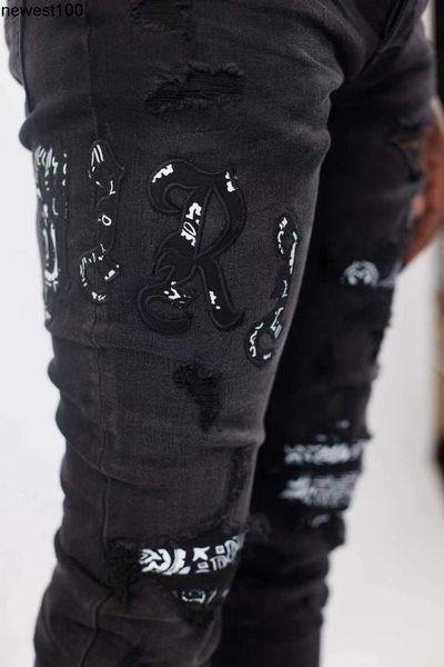 

men's jeans amirs slim fit pants designer men's fashion hole patchwork leather motorcycle jeans men, Blue
