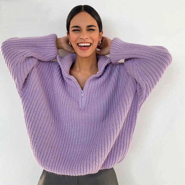 

women's knits tees zipper collar turtleneck sweaters women autumn winter elegant loose long sleeve knitted pullovers female purpul jump, White