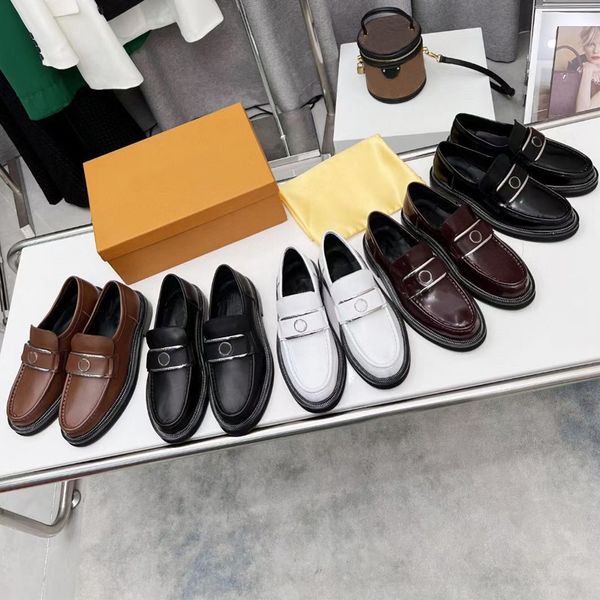 

spring and autumn classic dress shoes leather letter black arabic cowhide metal button platform women designer shoe flat bottom boat shoes l