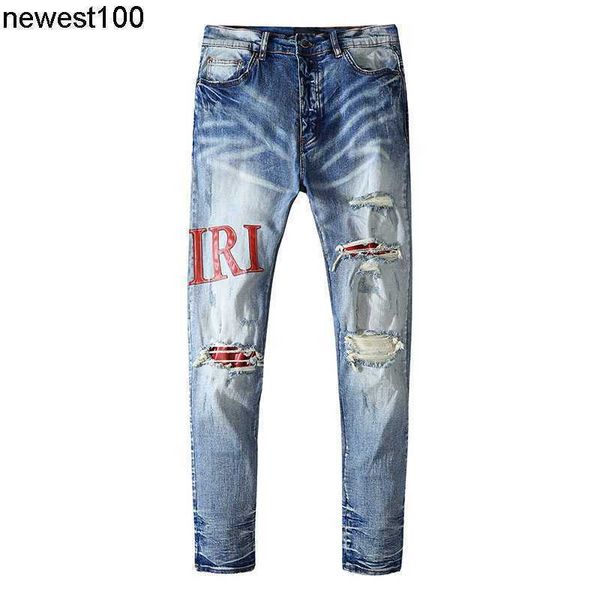

men's jeans amirs designer light blue paint printed men's jeans versatile patch elastic straight men's pants