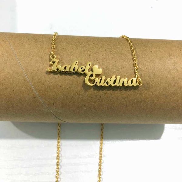 

pendant necklaces personalized staggered double name necklace stainless steel two nameplate heart necklace friends gifts custom jewelry l221, Silver