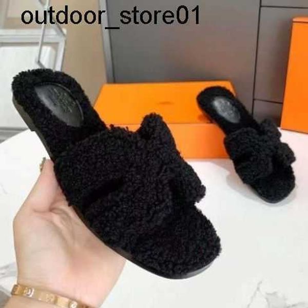

designer slippers luxury brand h wool slipper women shoes straight line slides fluffy flat bottoms autumn winter versatile sandals, Black