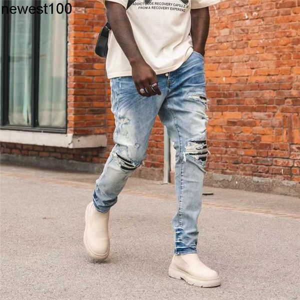 

men's designer jeans men's amirs fashion brand new perforated jeans pants, Blue