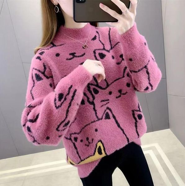 

women's sweaters for long sleeve supre collar loose knitted pullover cat check print green casual chic puff dress, White;black