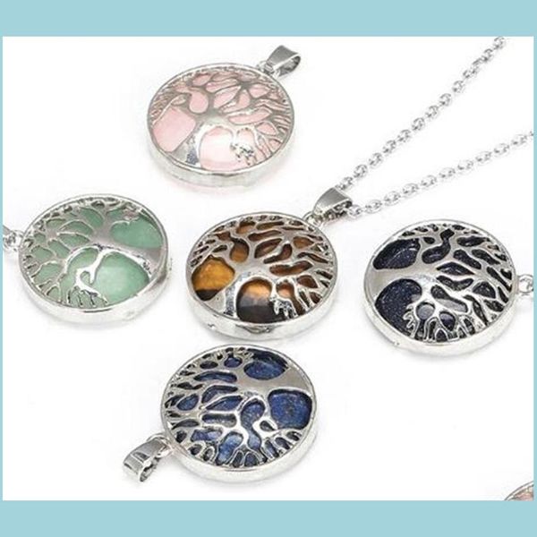 

pendant necklaces natural stone necklace hollow tree of life pink tingers eye gemstone charms rose quartz druzy jewelry women 83 t2 dhost, Silver