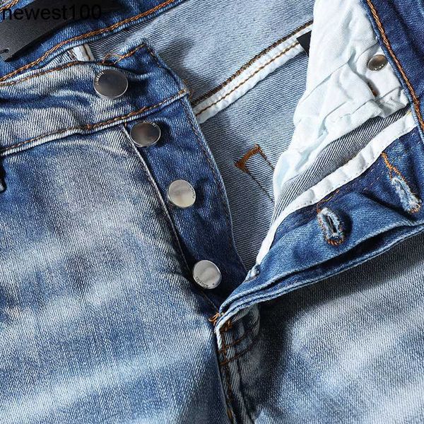 

men's jeans amirs fashion brand designer washed blue cashew nut flower five pointed star embroidery patch cloth hole slim fitting jeans