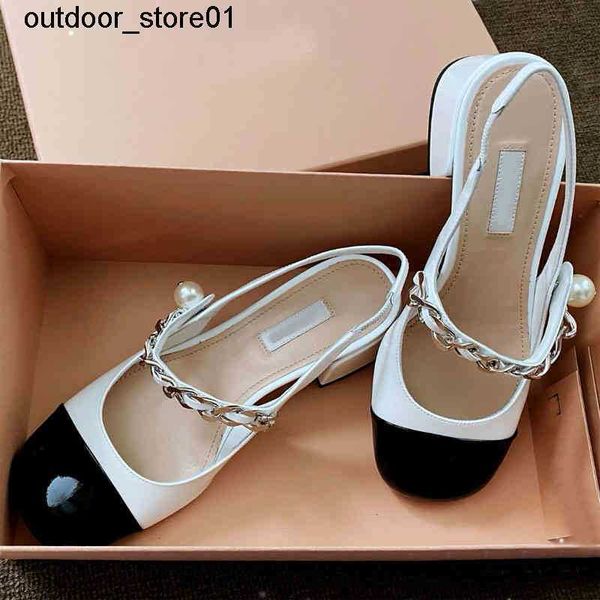 

designer slippers miu thick heel mary jane single shoes women's line buckle pearl leisure high heels in summer, Black