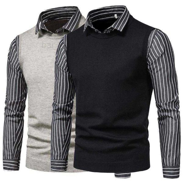 

mens men's sweaters casual autumn knitwear striped lapel fake two worn outside sweater shirt male, White;black