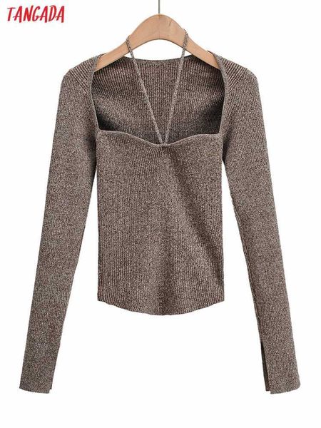 

women's knits tees tangada women square collar halter knitted sweater jumper long sleeve female crop pullovers 4p57 t221012, White