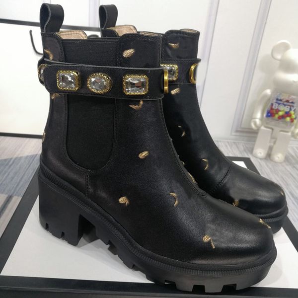 

fashion luxury designer women's classic ankle boots printing leather diamond metal button miss winter mid heel short boot large size wi, Black